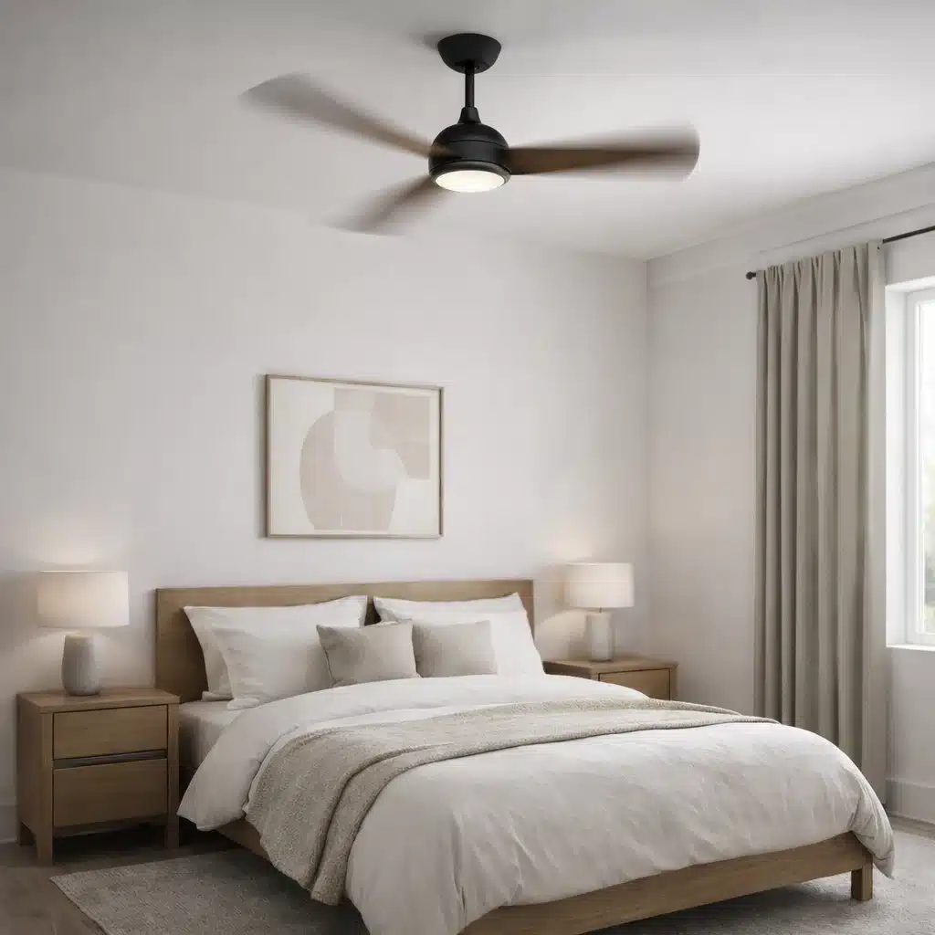 Un dormitorio moderno con ventilador de techo negro, cama de madera y mesitas.