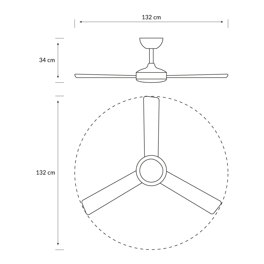 Dibujo lineal de un ventilador de techo de tres aspas con dimensiones 132 cm y 34 cm.