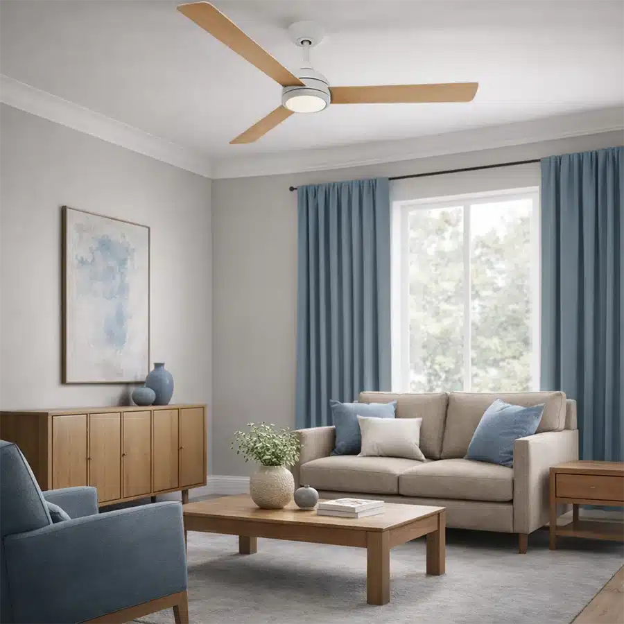 Una sala de estar con ventilador de techo, sofá, sillón, mesa de café y armario.