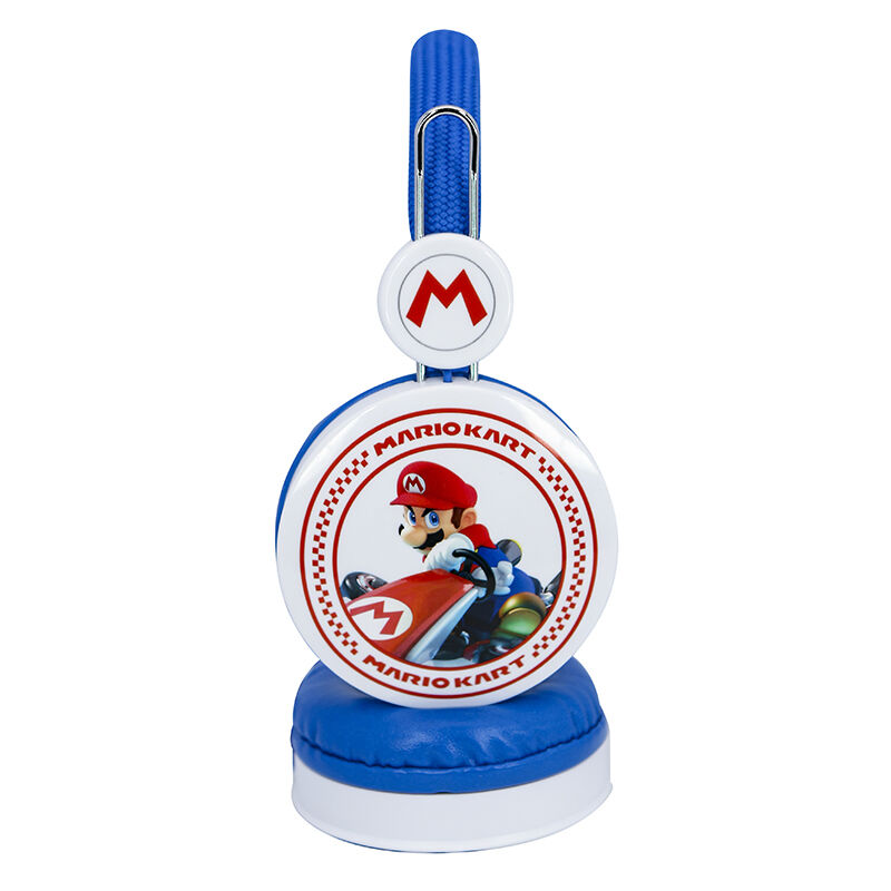 Auriculares azules con diseño de Mario Kart y Mario conduciendo.