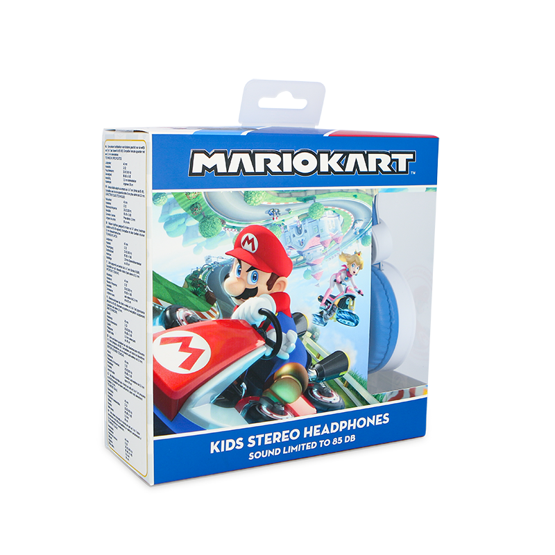 Mario y Peach en karts en una pista de carreras, ilustrados en el empaque de auriculares.