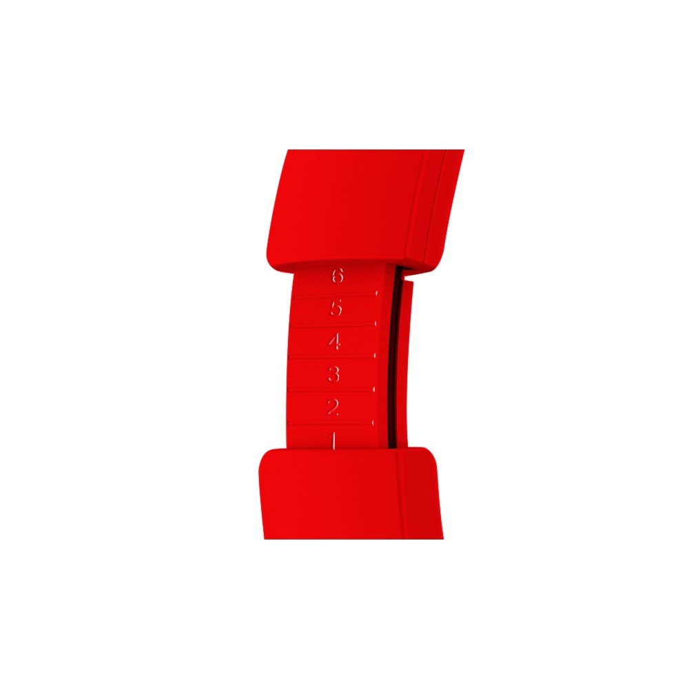 Banda roja de auriculares con números del 1 al 6 para ajustar tamaño.