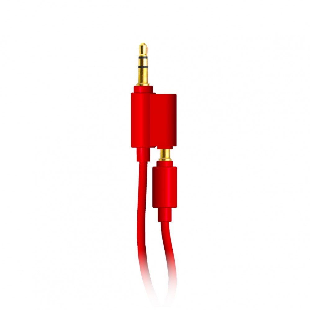 Un cable de audio rojo con conector macho y hembra de 3,5 mm.