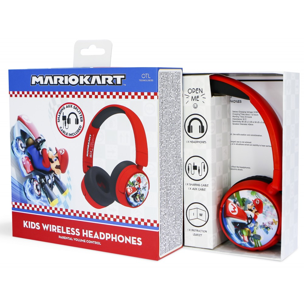 Auriculares inalámbricos rojos para niños con temática de Mario Kart en embalaje, con personajes de Mario.