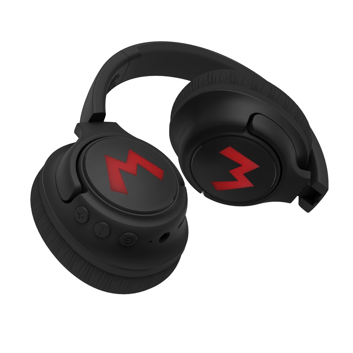 Auriculares negros con logo rojo en las orejeras.