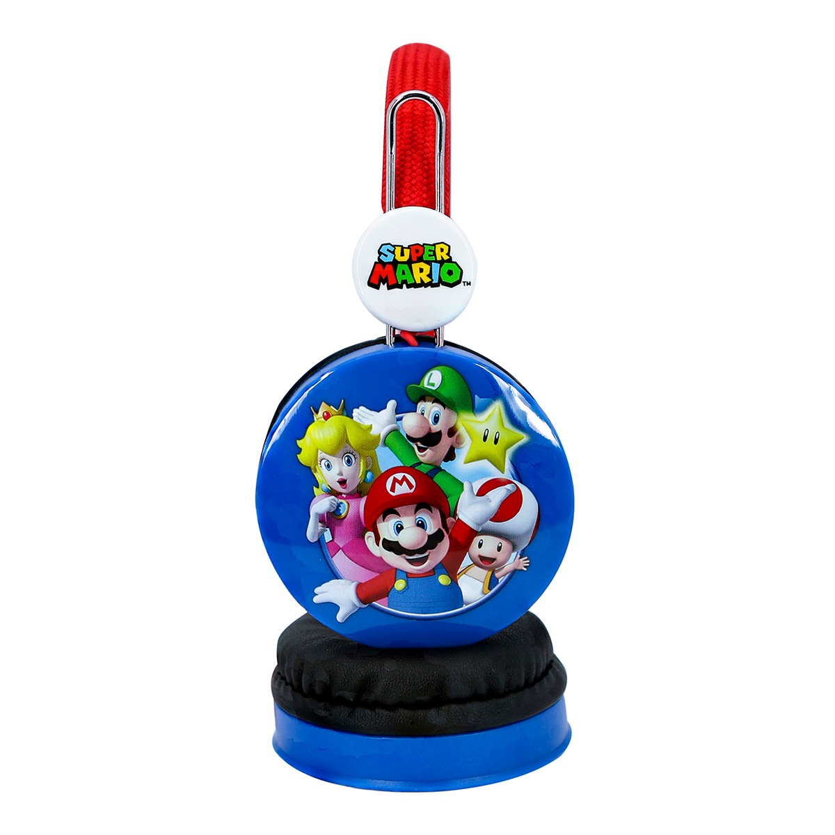 Auriculares azules con personajes de Super Mario: Mario, Luigi, Princesa Peach, Toad y una estrella.