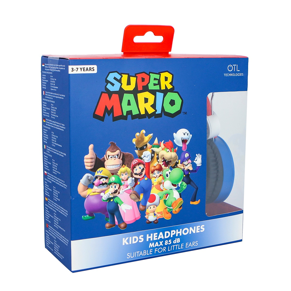 Caja de auriculares Super Mario con personajes como Mario, Luigi, Yoshi y Bowser.