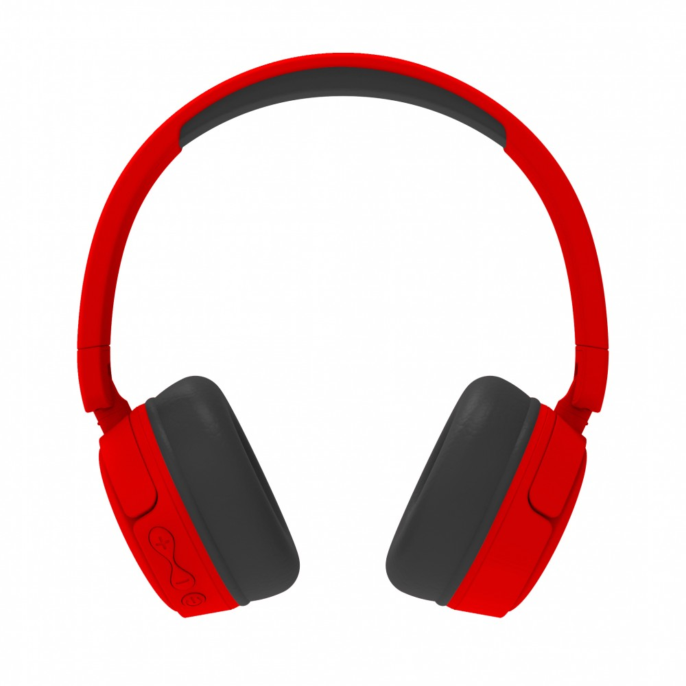 Auriculares rojos con almohadillas negras, sobre fondo blanco.
