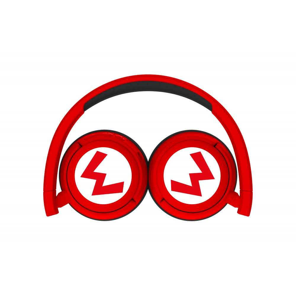 Auriculares rojos con un rayo rojo en cada auricular.