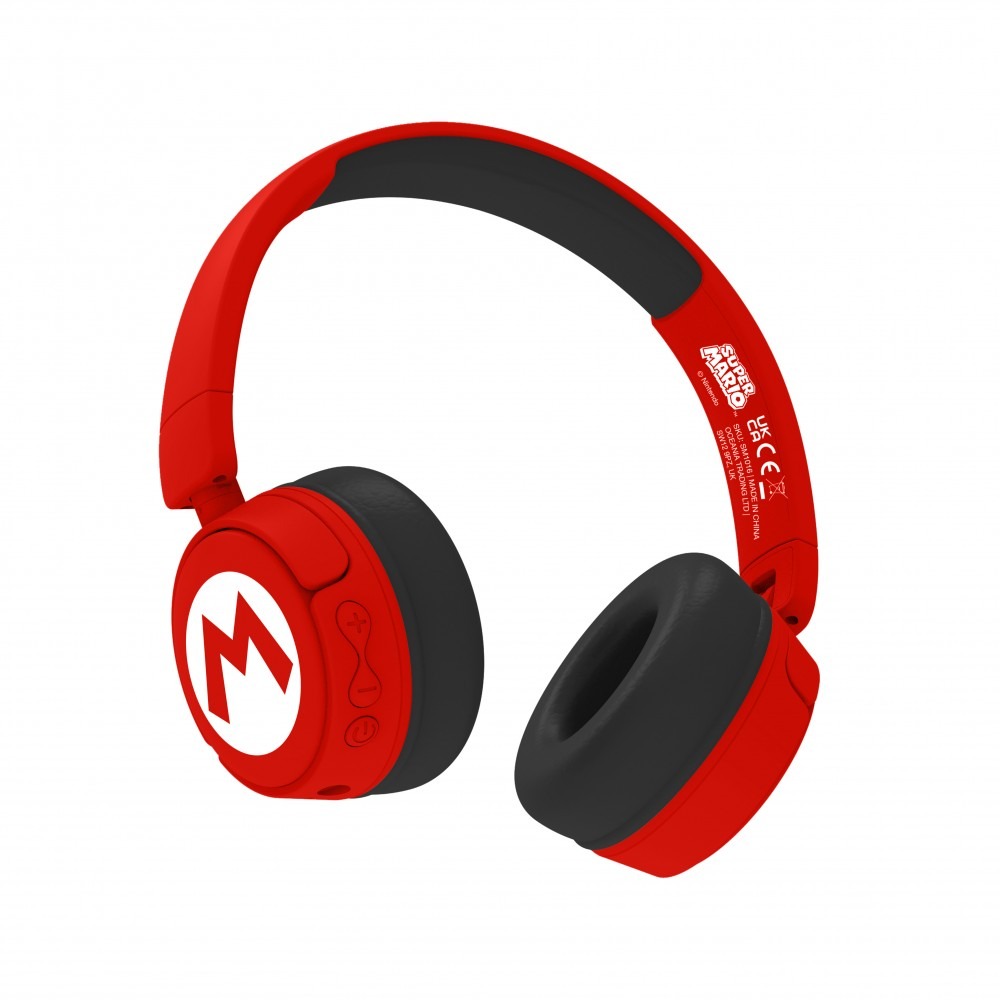 Auriculares rojos con diadema negra y logo de Mario.