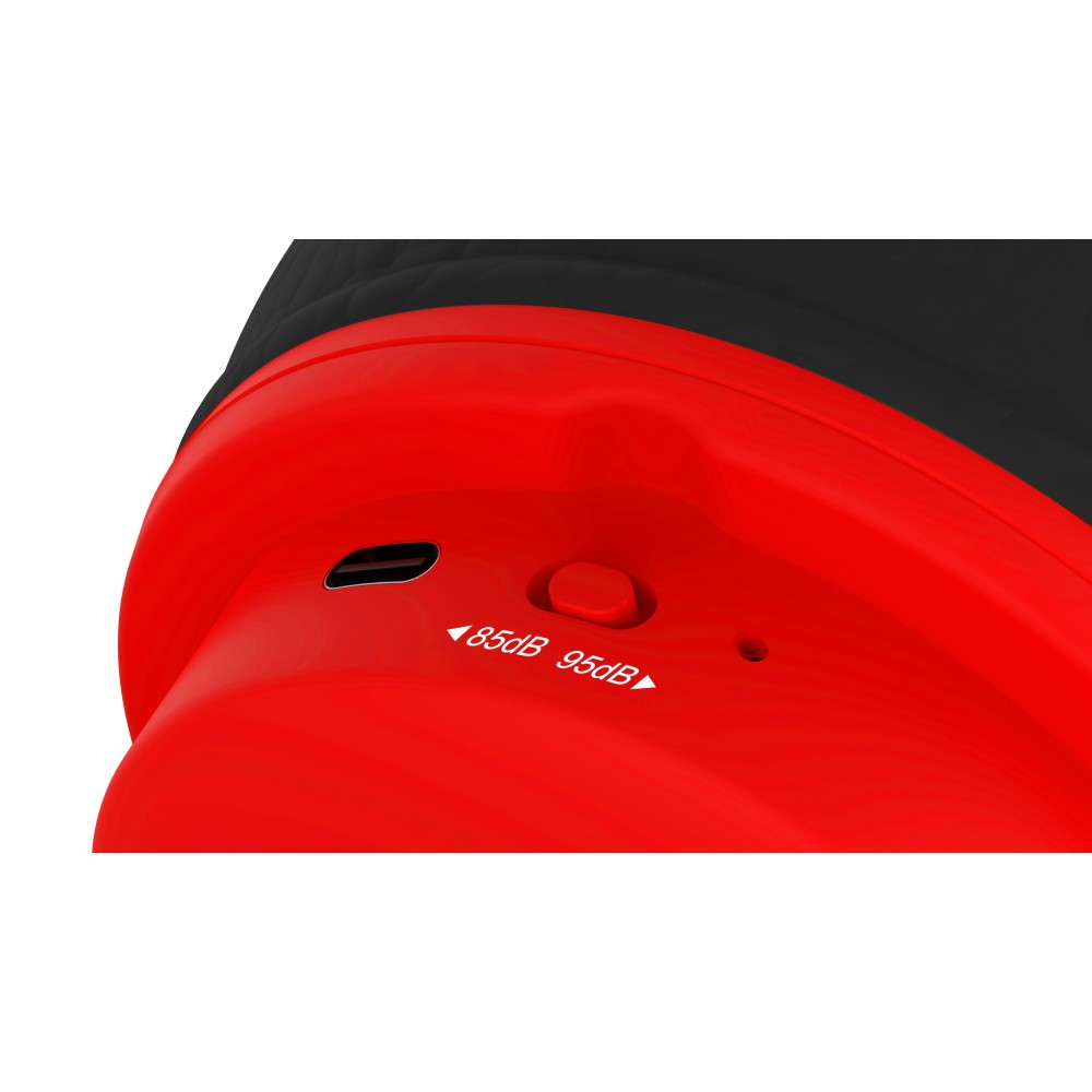 Primer plano de un dispositivo rojo con puerto USB, botón e indicadores de volumen.