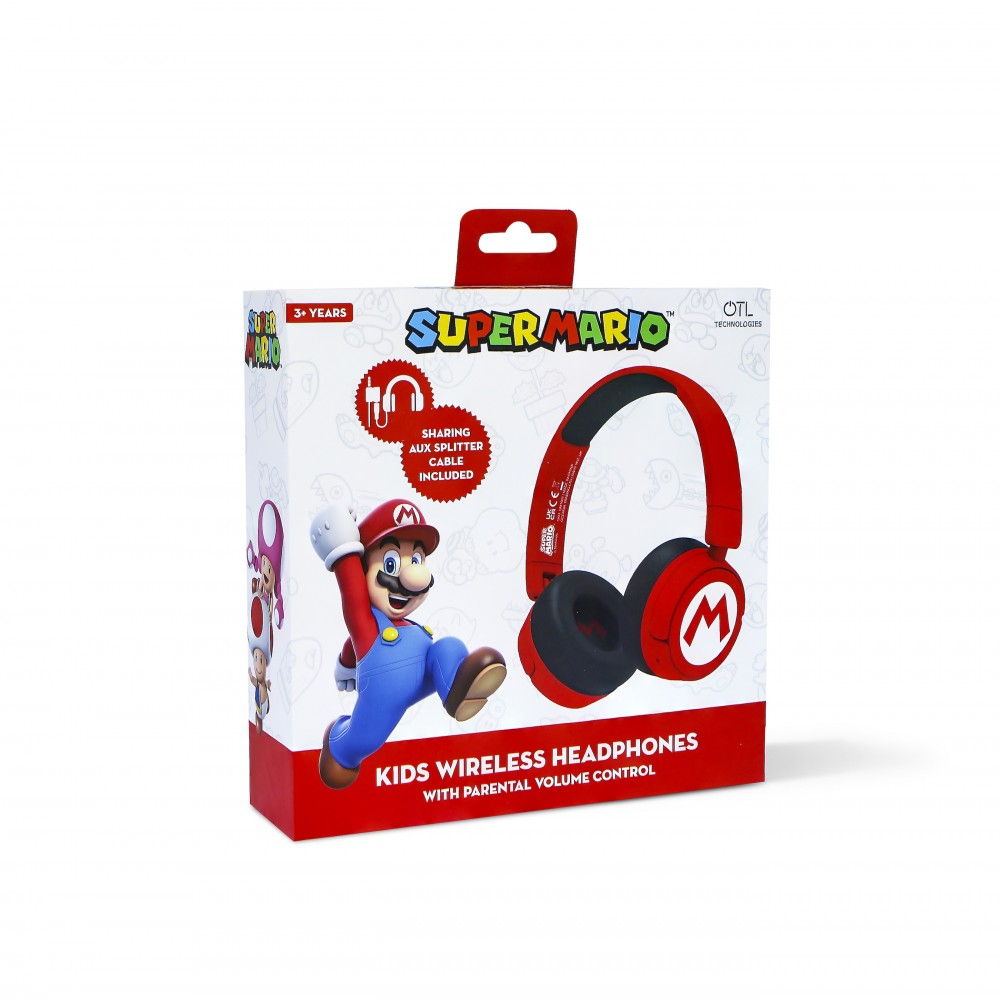 Caja de auriculares Super Mario con personaje de Mario, auriculares rojos y negros.