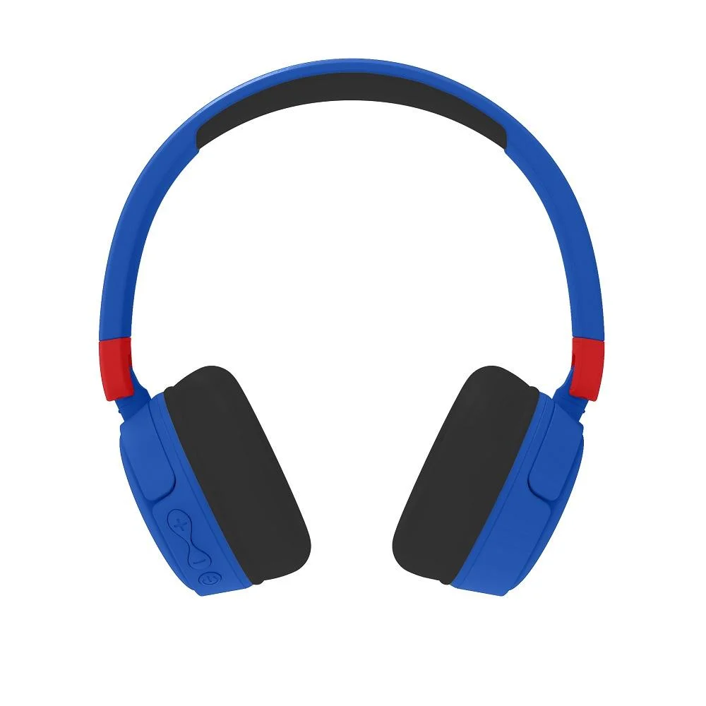 Auriculares azules con almohadillas negras y detalles rojos sobre fondo blanco.