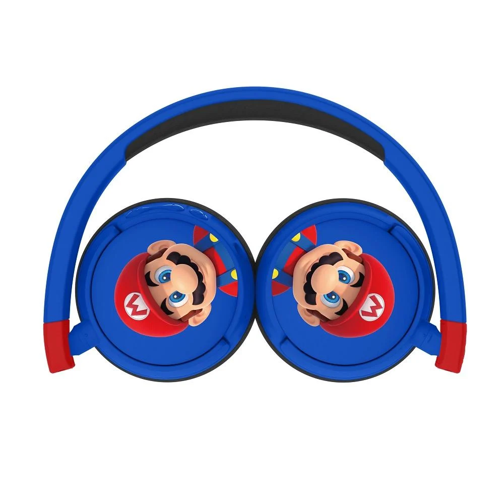 Auriculares azules con Mario en las almohadillas, fondo blanco.