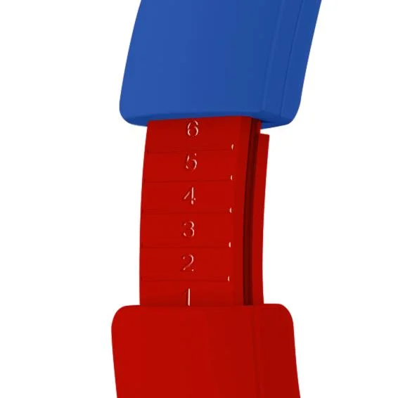 Primer plano de ajuste de diadema de auriculares rojos y azules con números del 1 al 6.