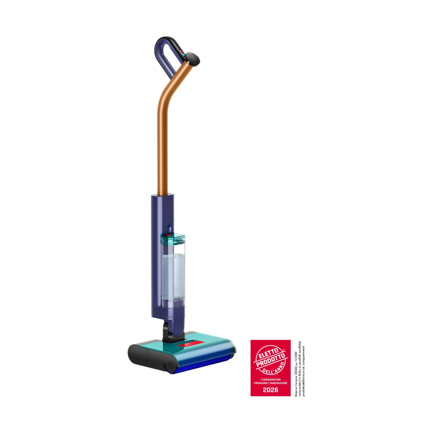 Un moderno lavapavimenti cordless blu e rame con serbatoio acqua trasparente.