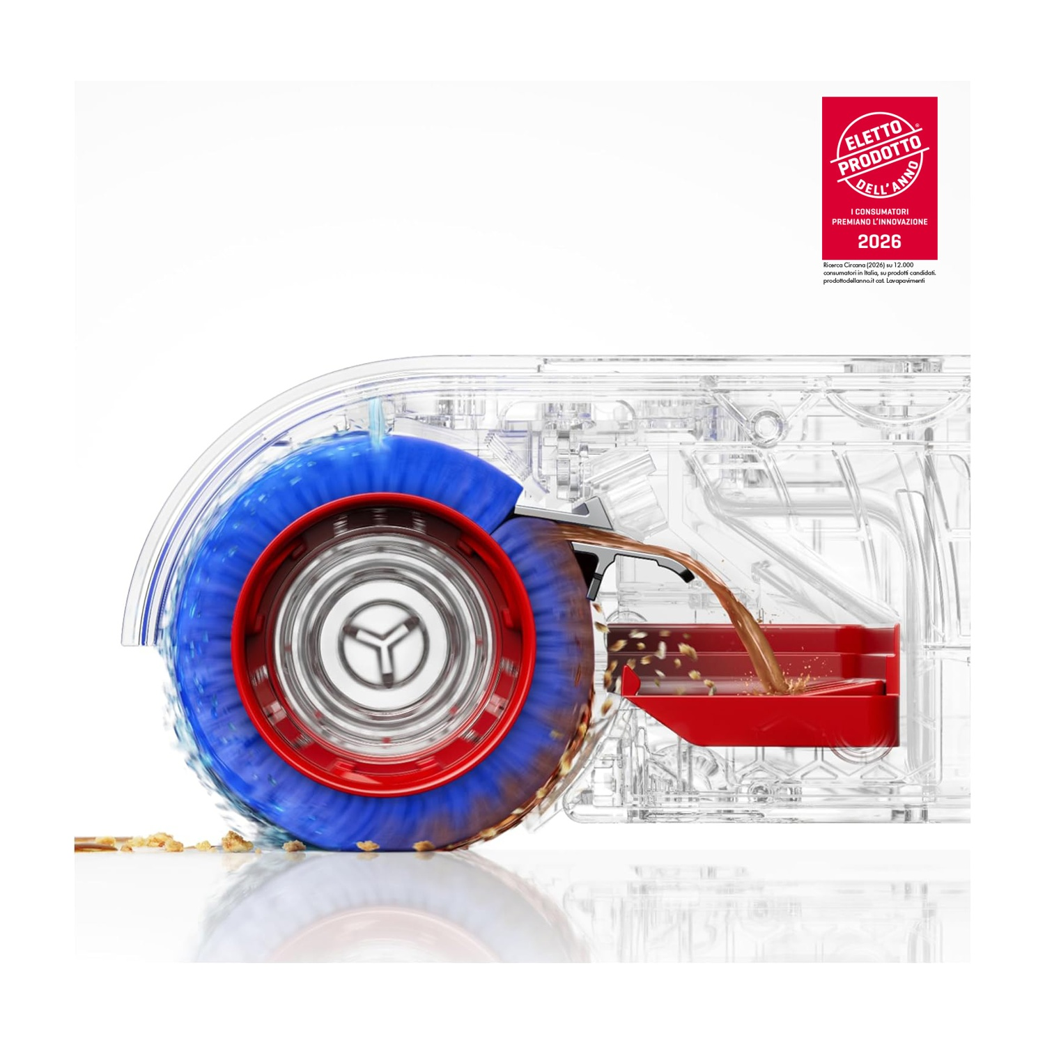 Una macchina trasparente con spazzola blu che raccoglie sporco e lo dirige in un contenitore rosso.