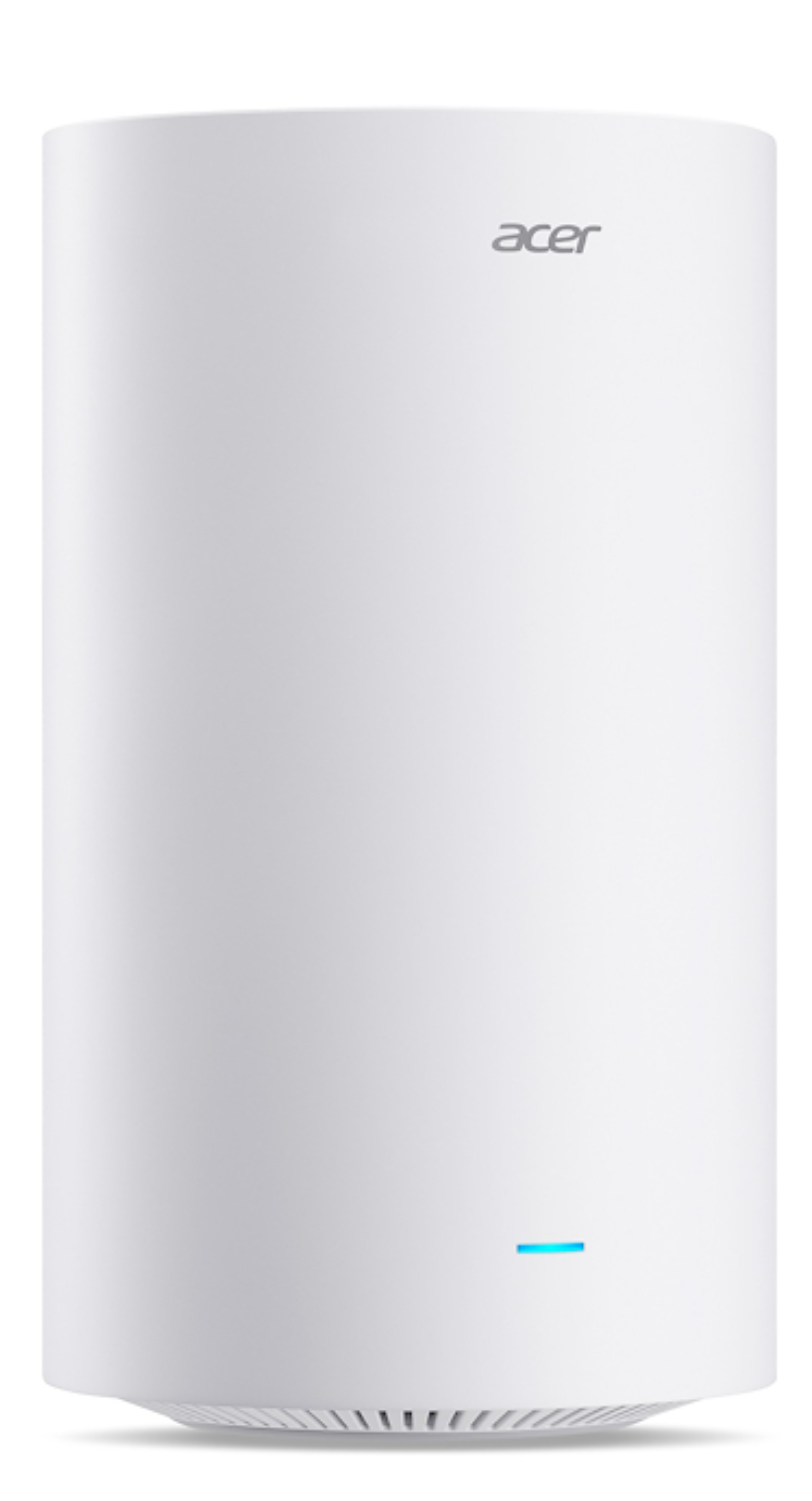 Dispositivo Acer blanco con luz azul y rejillas abajo.