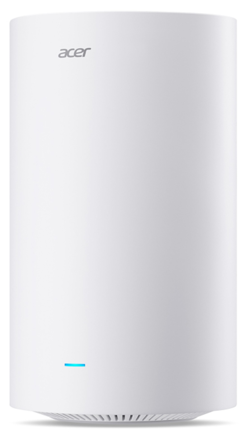Un router Acer blanco con una tira de luz azul al frente.
