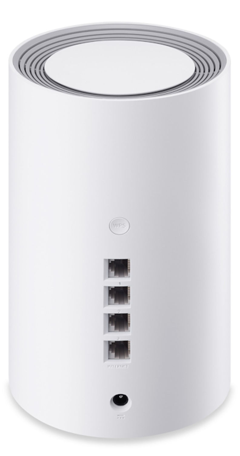 Un router blanco con botón WPS, cuatro puertos Ethernet y conexión de alimentación.