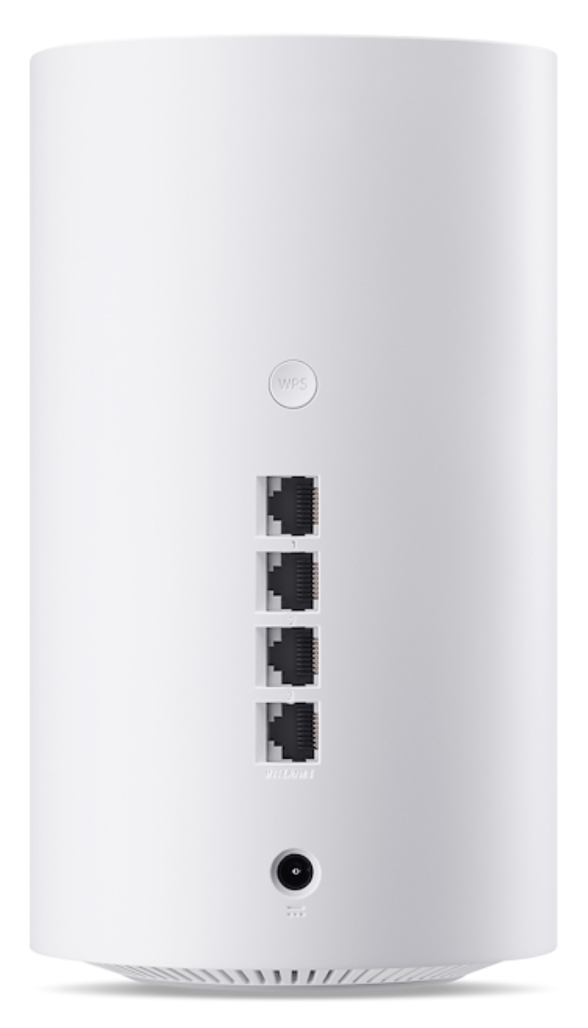 Unidad cilíndrica blanca con puertos: WPS, 3 puertos Ethernet, conector de alimentación.