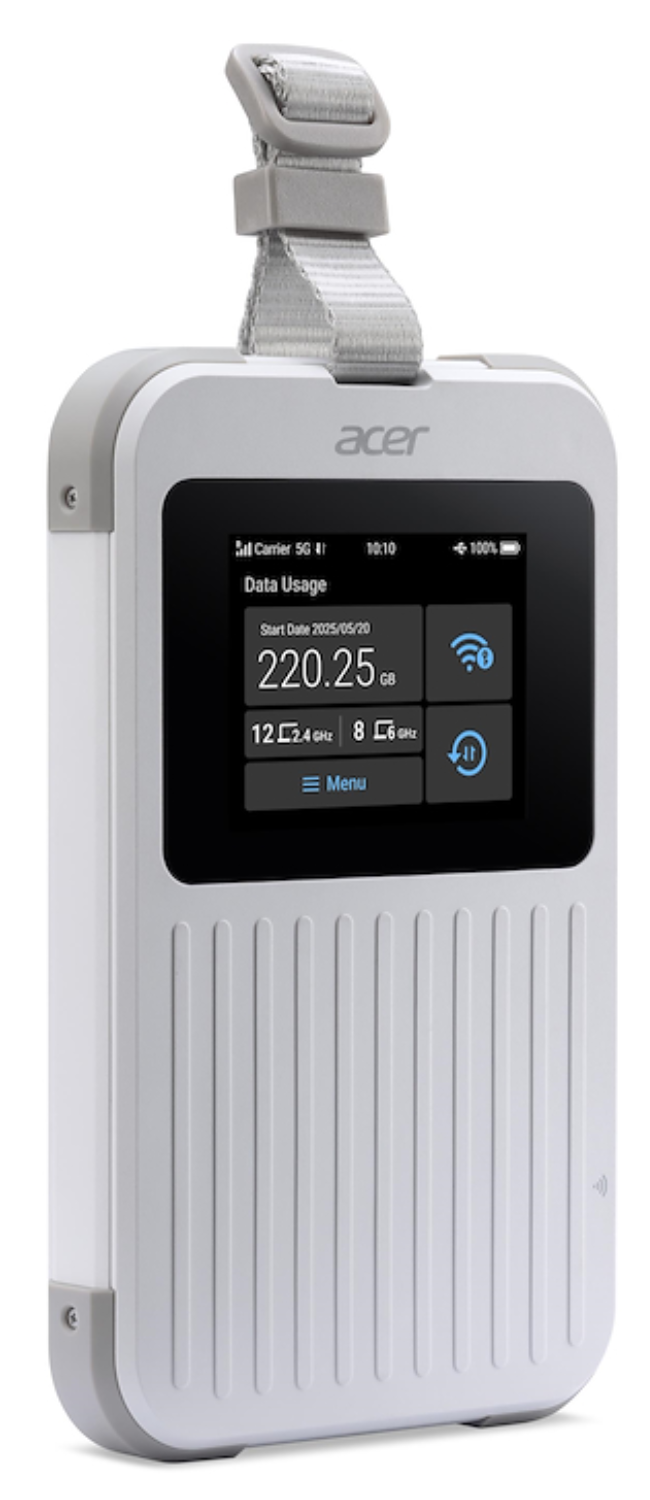 Un hotspot 5G Acer blanco con pantalla táctil muestra uso de datos.