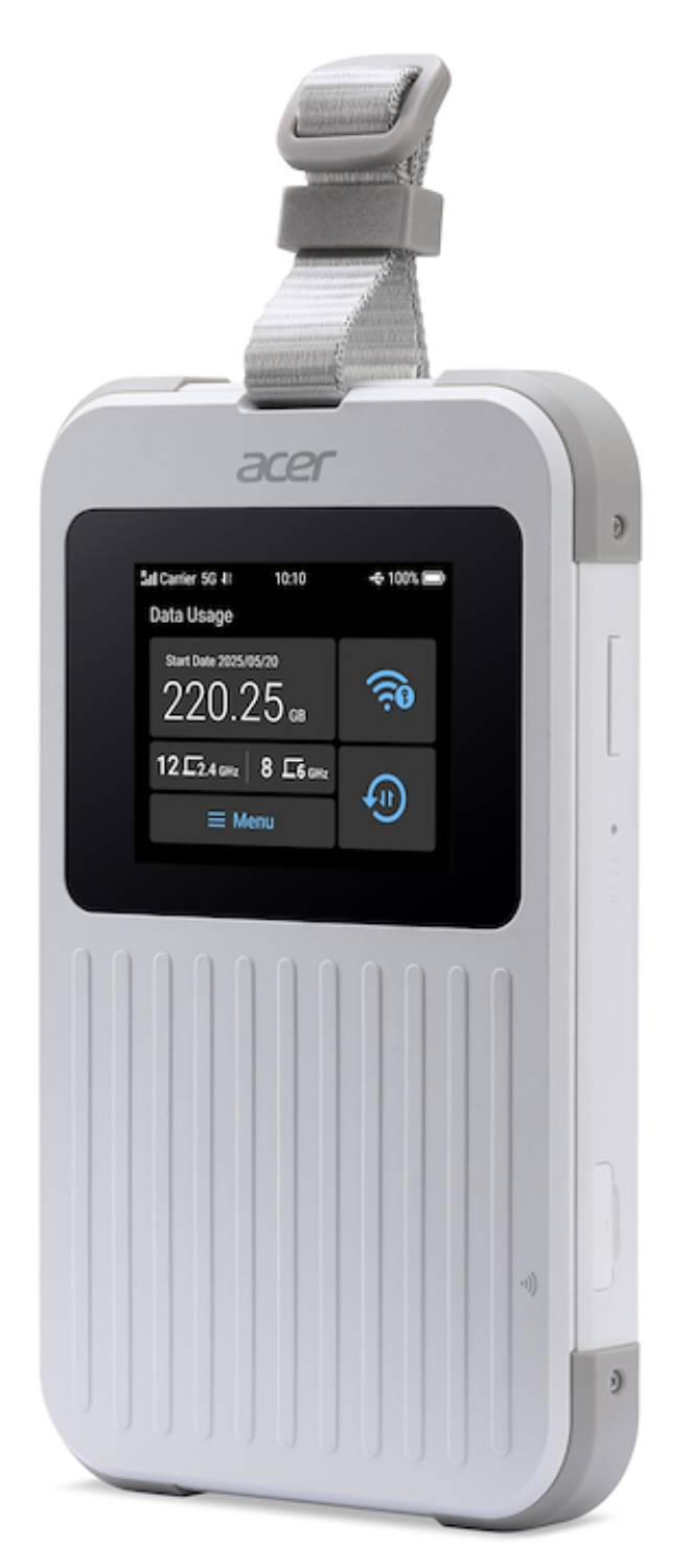 Punto de acceso móvil Acer 5G con pantalla que muestra uso de datos e iconos Wi-Fi.