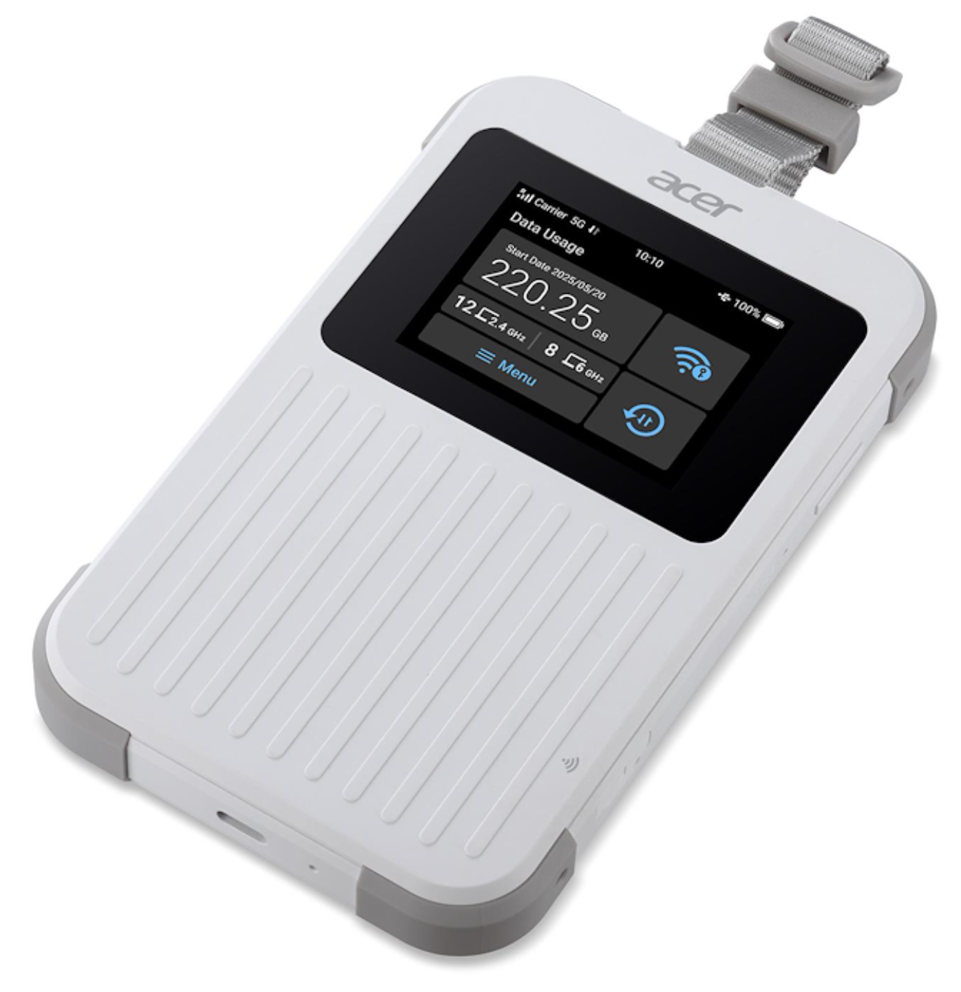 Un hotspot 5G portátil Acer blanco con correa gris. La pantalla muestra el uso de datos.