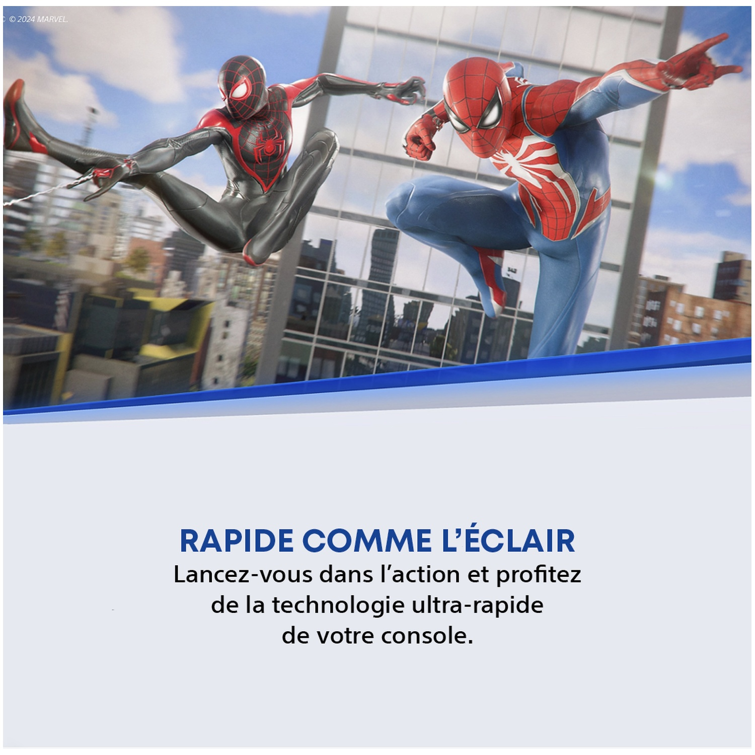 Deux personnages de Spiderman sautent dans un décor urbain.