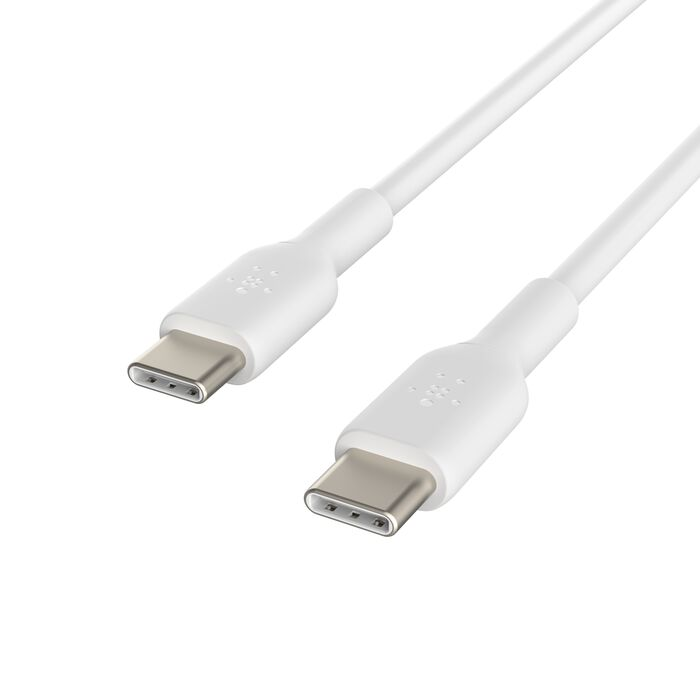 Dos cables USB-C blancos con conectores plateados yacen diagonalmente.