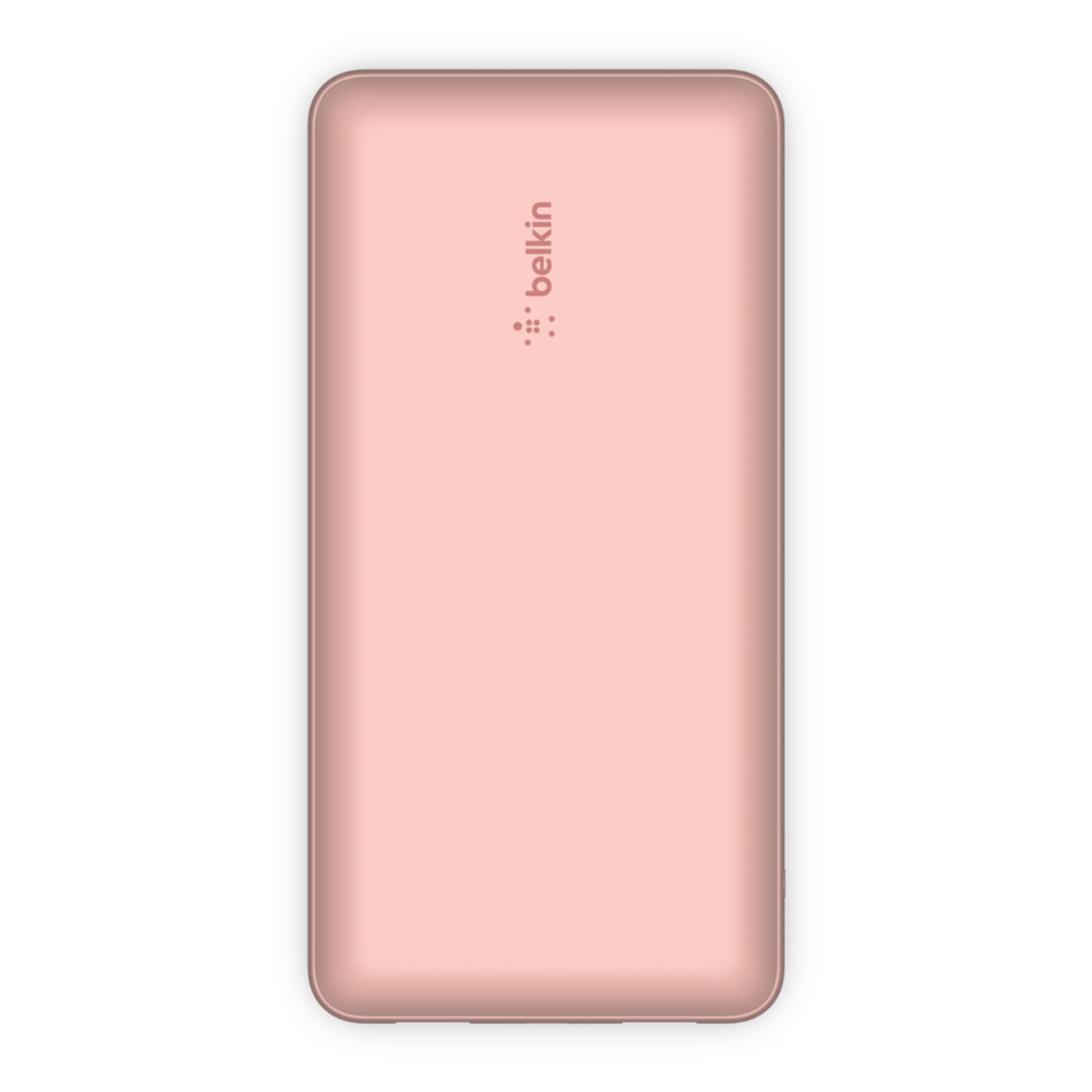 Un dispositivo de power bank color oro rosa con logo Belkin sobre fondo blanco.
