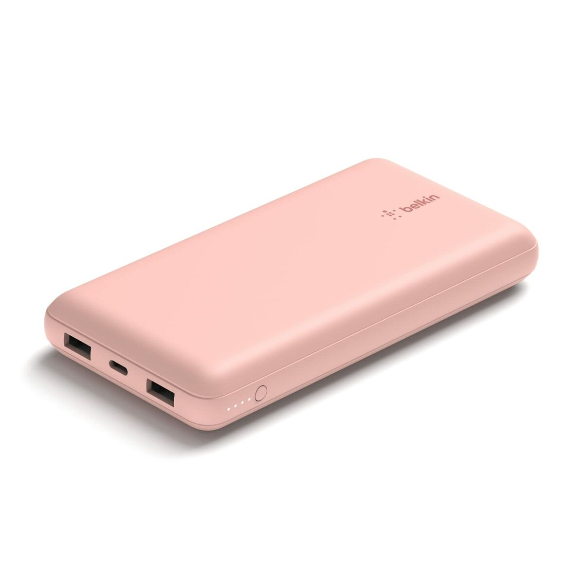 Una batería externa Belkin rosa con dos puertos USB e indicadores de carga.