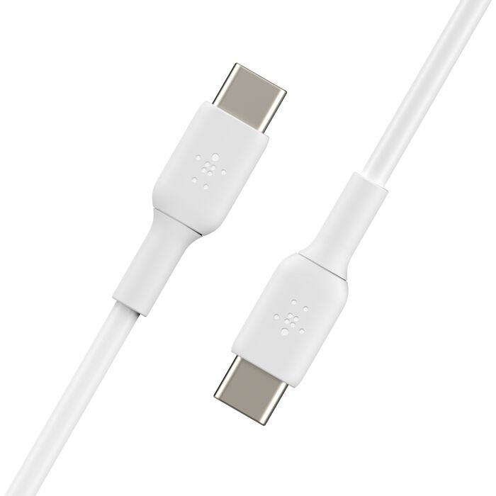 Dos cables USB-C blancos con conectores plateados sobre fondo blanco.