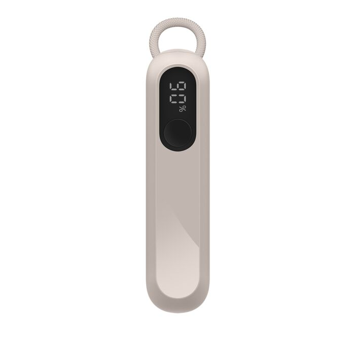 Un dispositivo beige con pantalla digital que muestra 90%.