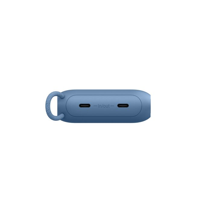 Altavoz azul con asa de transporte y puertos USB-C.