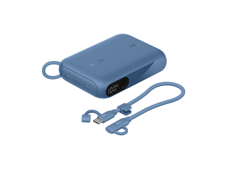 Powerbank - Belkin BoostCharge Batería externa 10K con pantalla, 10000 mAh, 2x USB-C, 20 W, Cable USB-C Extraíble, Azul