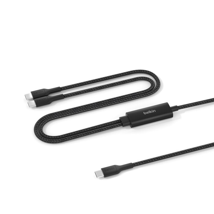 Un cable USB-C negro con dos conectores en un extremo y un solo conector en el otro.