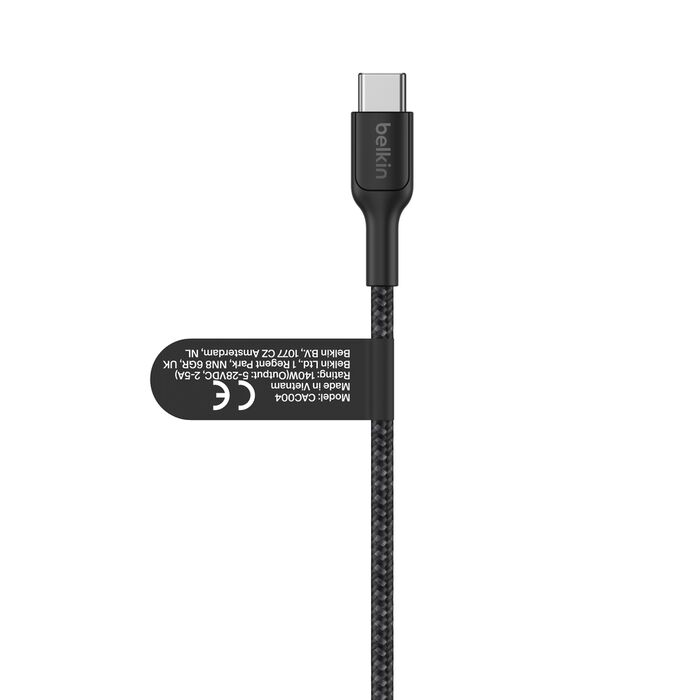 Cable Belkin USB-C negro con cordón trenzado y marcado CE.