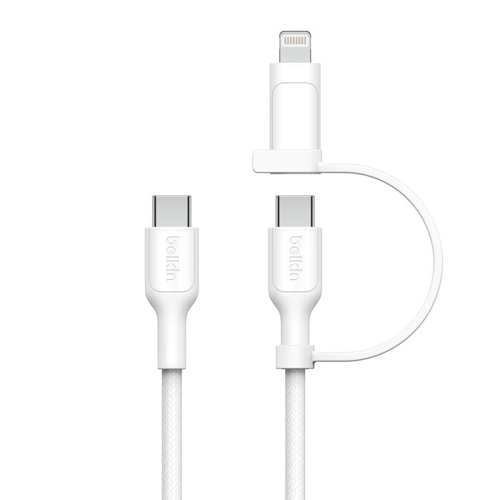 Dos cables Belkin blancos: USB-C y Lightning a USB-C
