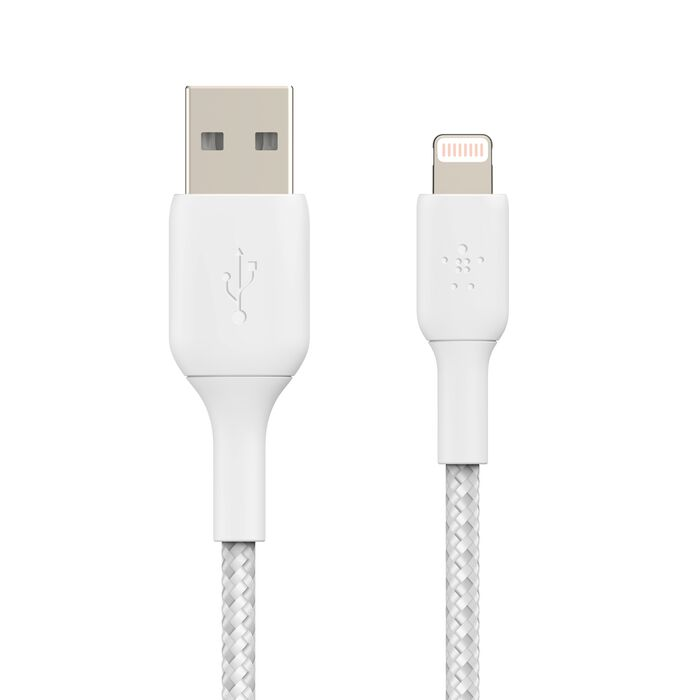 Un cable blanco USB-A a Lightning con cordón trenzado y símbolos de marca.