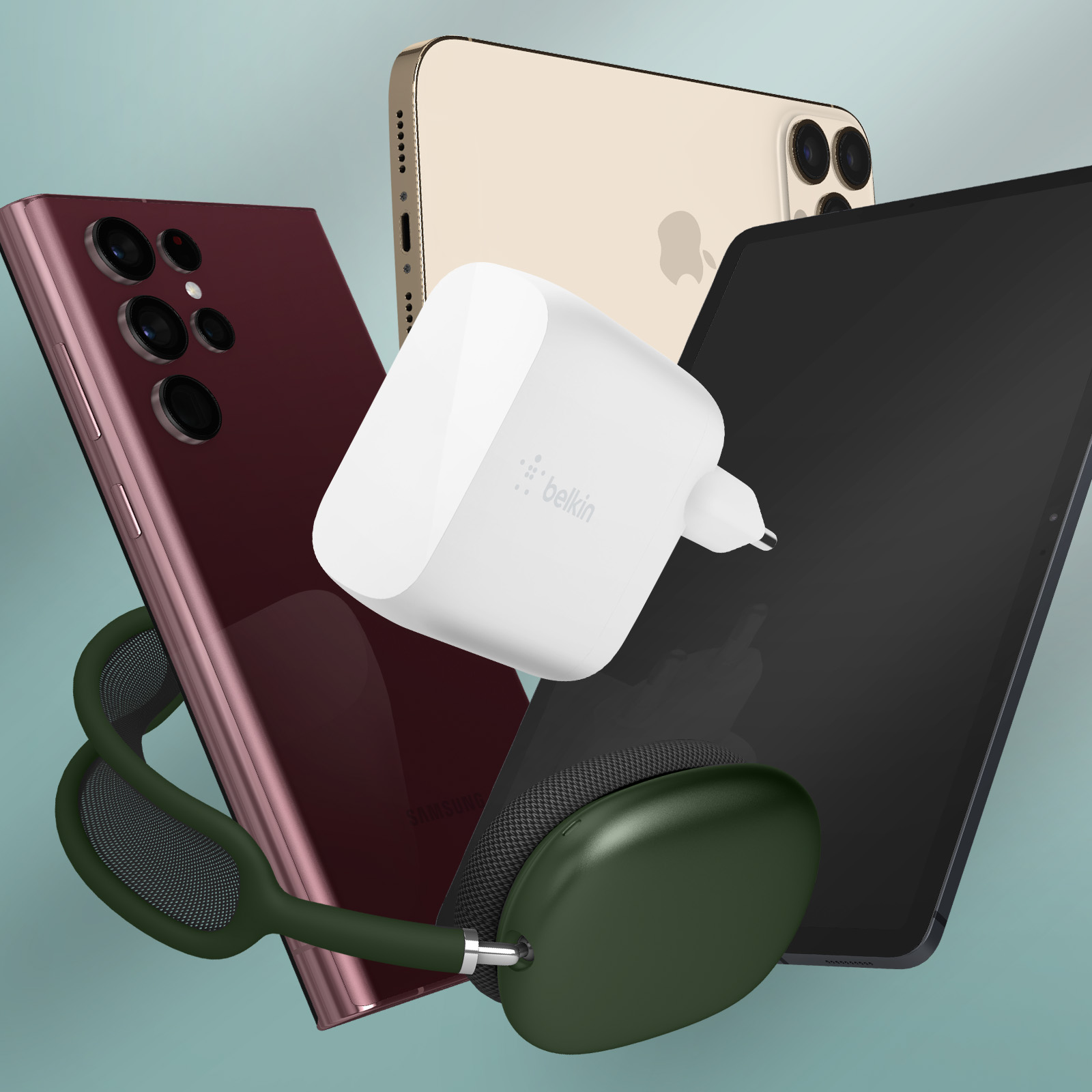 Un iPhone dorado, teléfono Samsung burdeos, tablet, auriculares y cargador blanco sobre fondo azul.