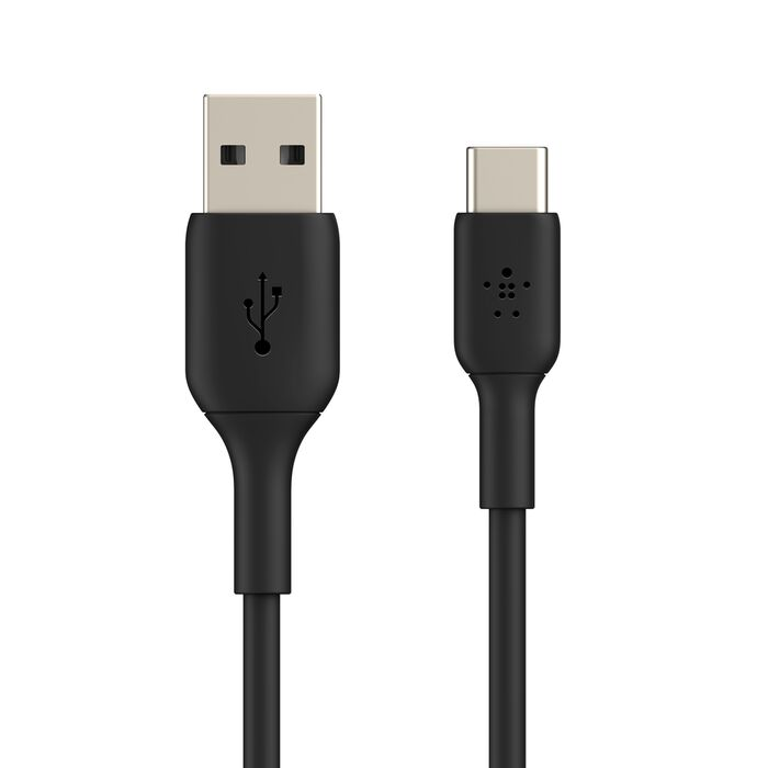 Cable USB-A a USB-C negro con logo Belkin, sobre fondo blanco.