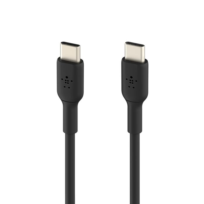 Dos cables USB-C negros con conectores plateados sobre fondo blanco.