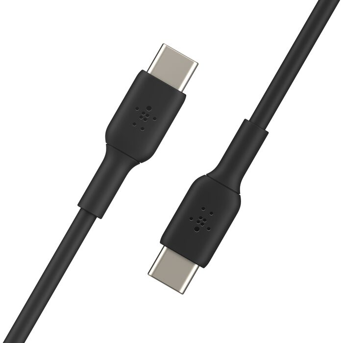 Cable USB-C negro con dos conectores, sobre fondo blanco.