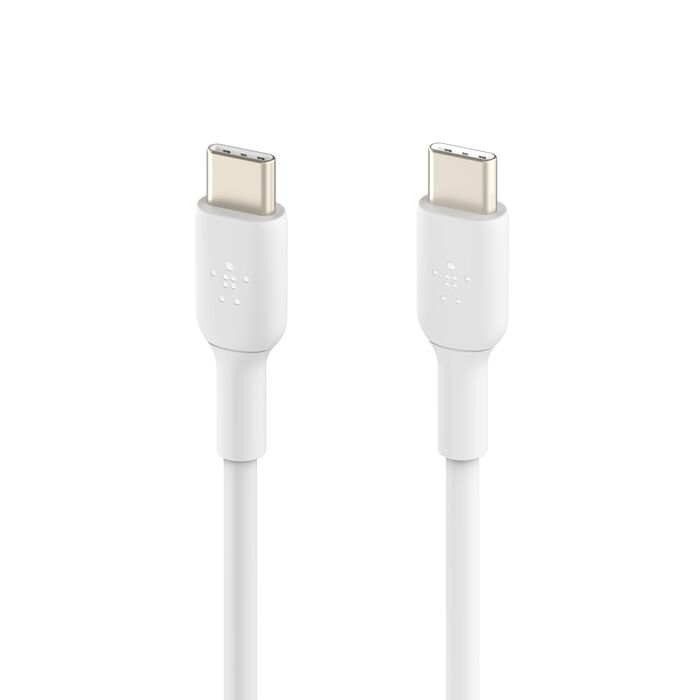 Dos cables USB-C blancos con conectores plateados sobre fondo blanco.