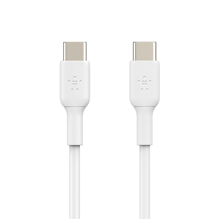 Dos cables USB-C blancos con conectores plateados sobre fondo blanco.