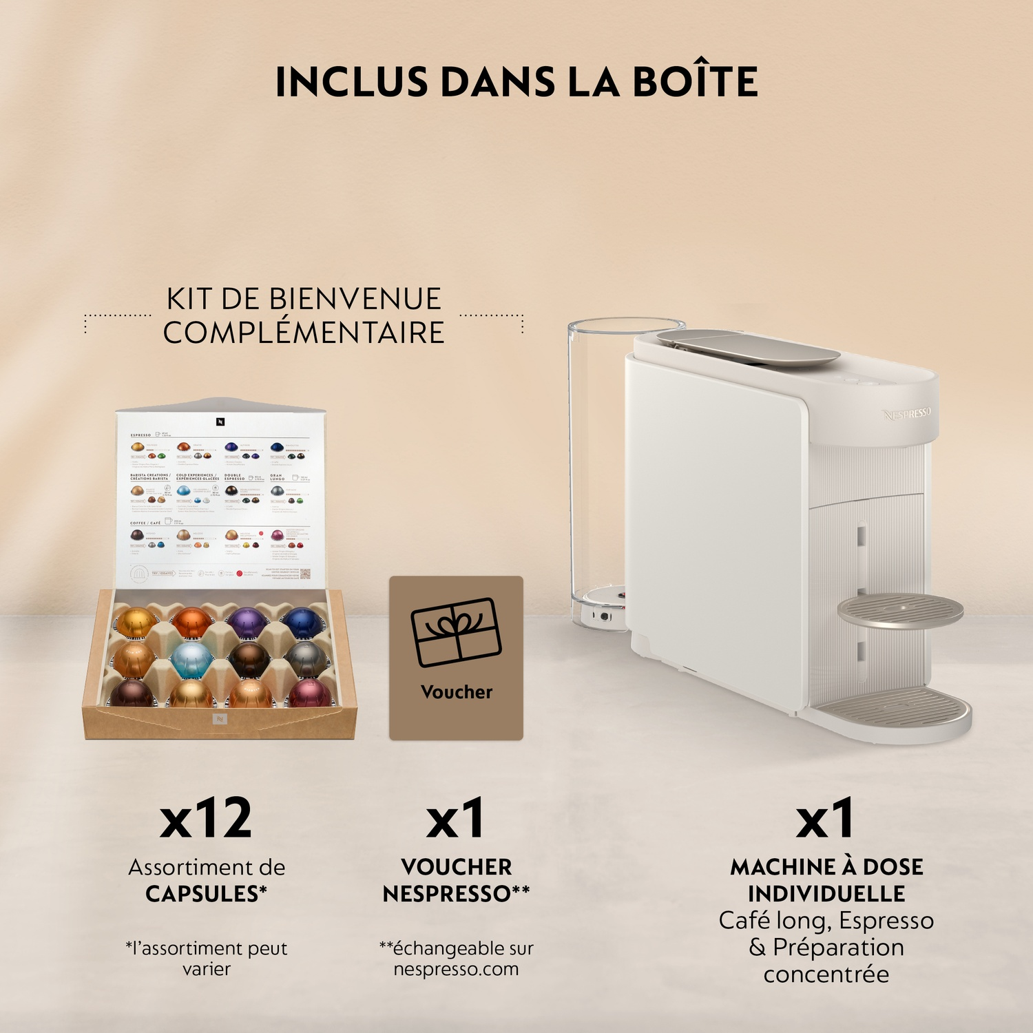 Une machine à café Nespresso blanche avec réservoir, 12 capsules et un bon.