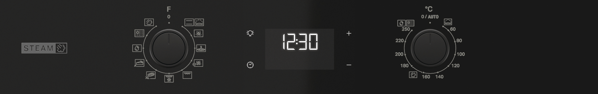 Ein schwarzes Bedienfeld mit zwei Drehreglern, einem digitalen Display und der Aufschrift STEAM.