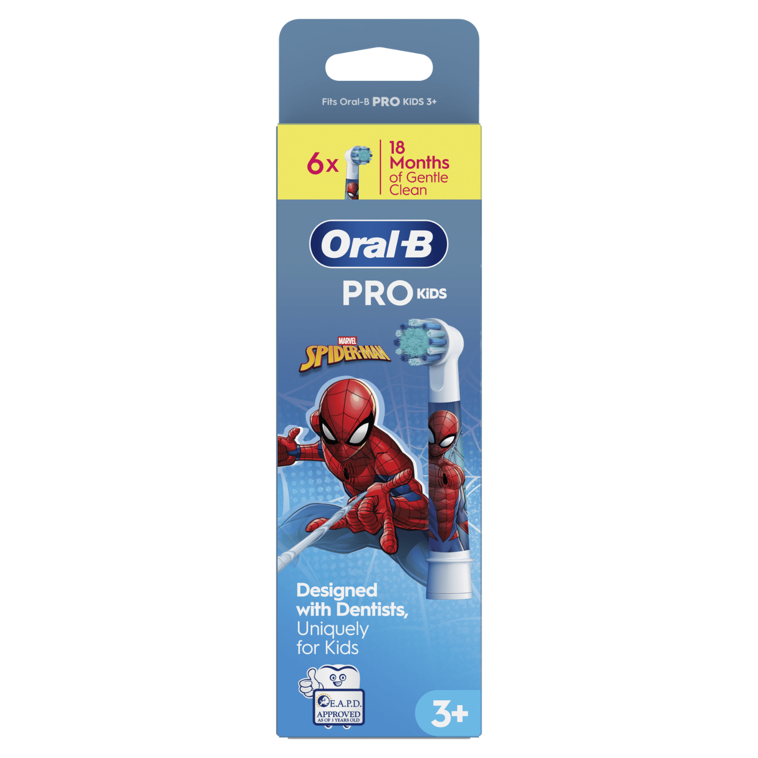 Cabezales de cepillo Oral-B Pro Kids con Spiderman. El paquete muestra 6 cabezales, 18 meses.