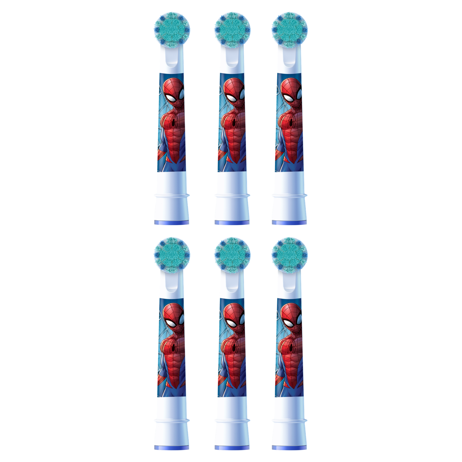 Seis cabezales de cepillo de dientes de Spiderman con cerdas azules.